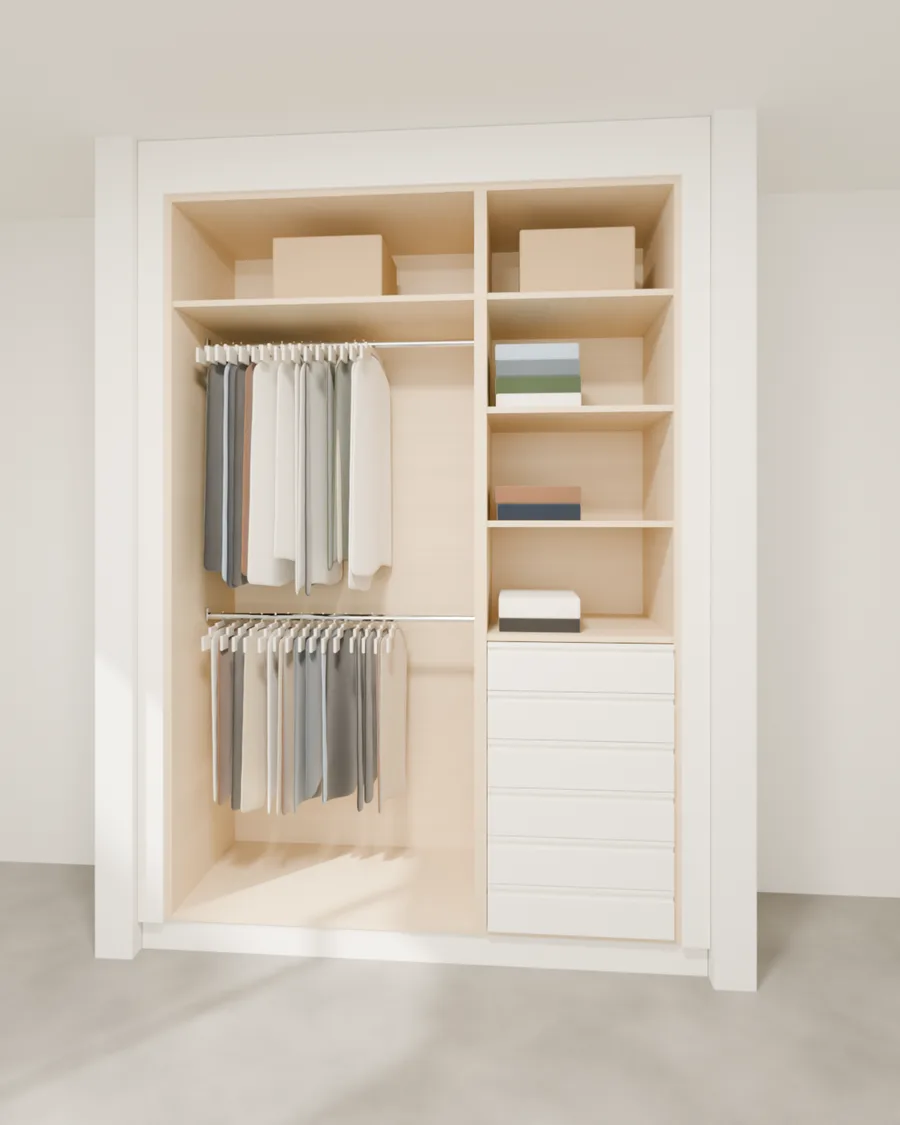 Render de closet abierto en triplay birch con colgador doble, entrepaños y seis cajones blancos