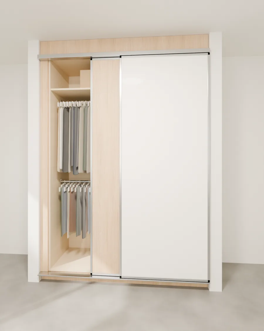 Render de closet con dos puertas corredizas, una en melamina tono roble claro y otra en blanco, sin jaladeras