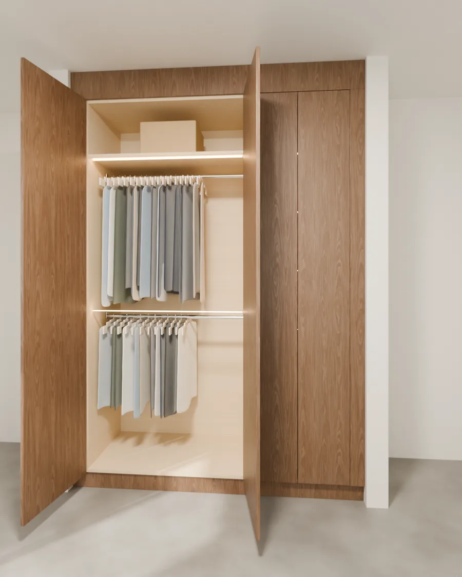 Render de vestidor con puertas de chapa de nogal abiertas e iluminación LED cálida en el interior