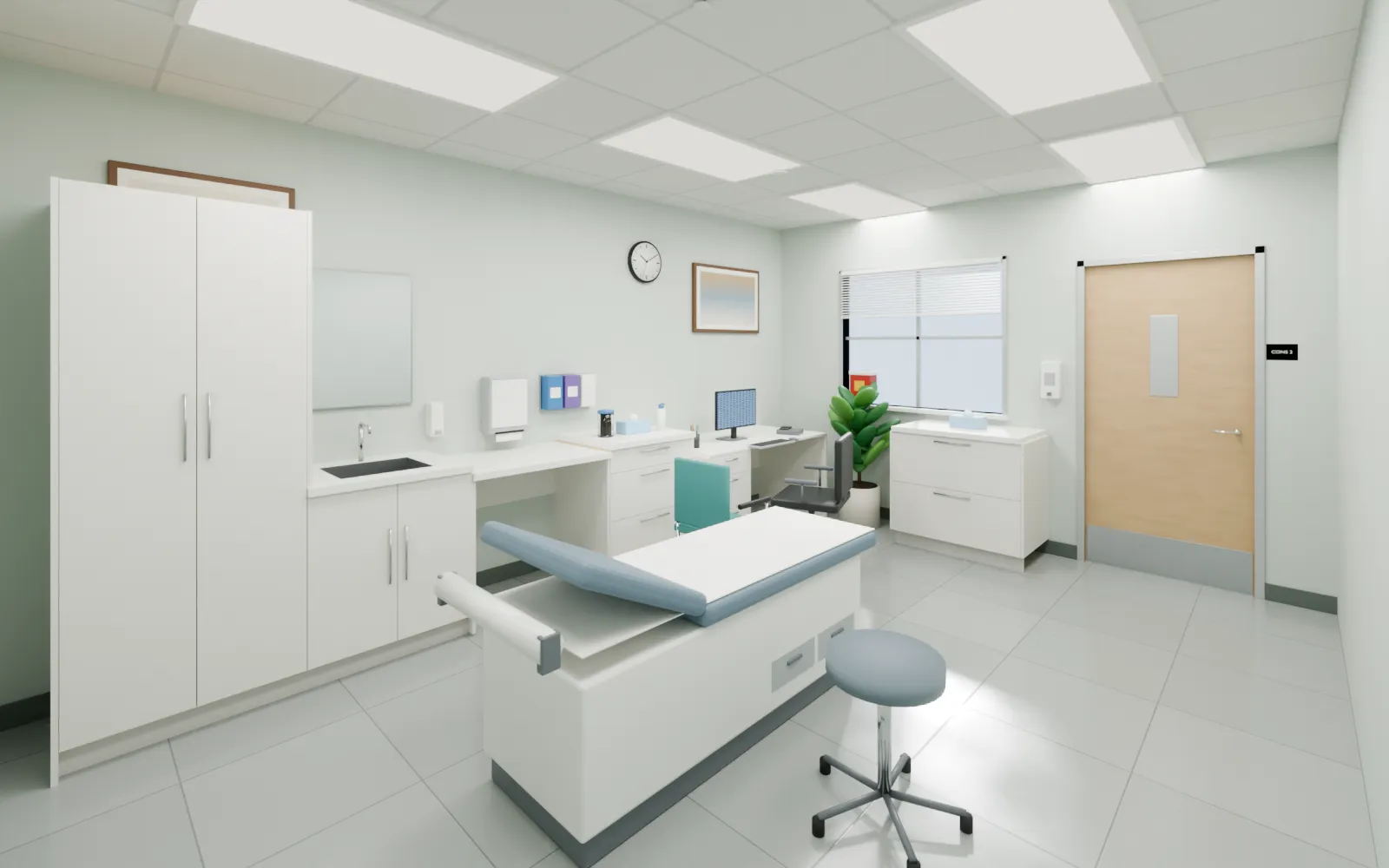 Render de un consultorio médico general con escritorio, lavamanos, archivero y torre de almacén