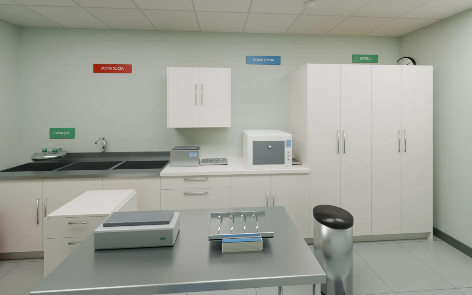 Render de una sala de esterilización dental con base para tarja, pasaplatos y almacén por zonas