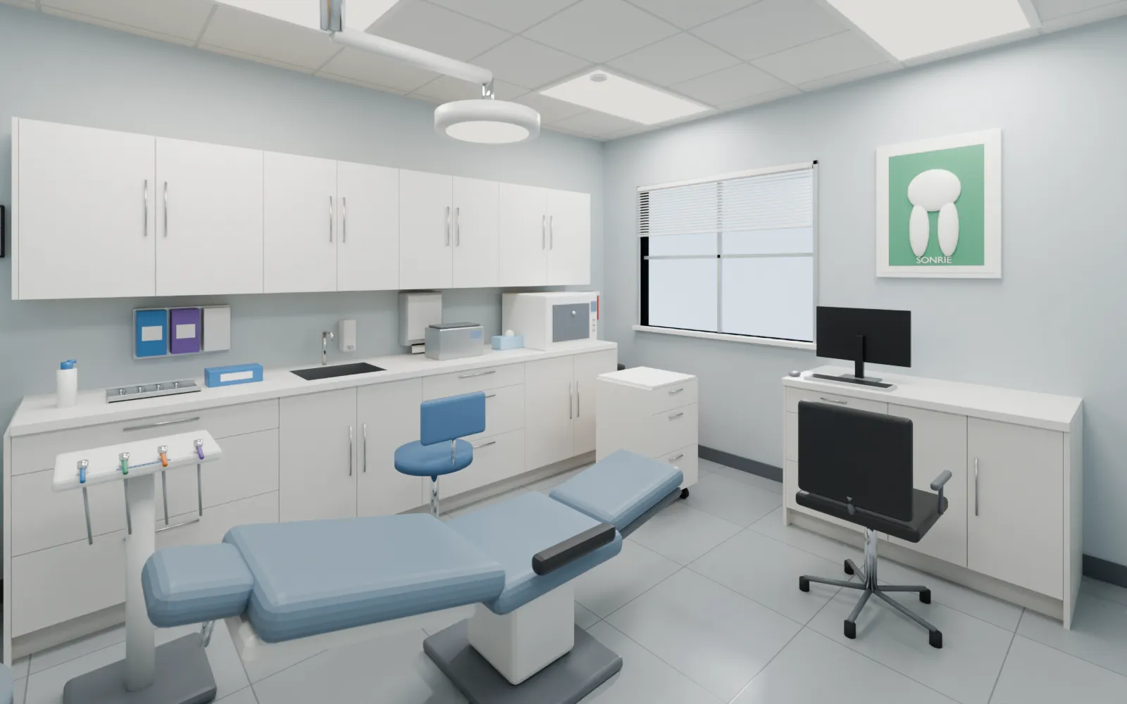 Render de un operatorio dental con gabinete, estación del asistente y carro móvil de instrumental
