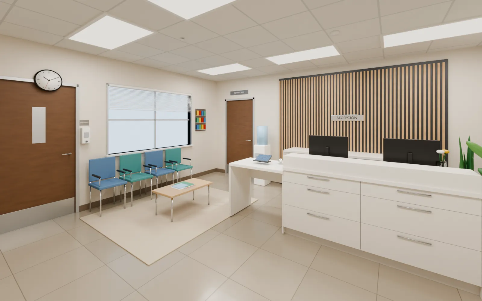 Render de una recepción de clínica con mostrador blanco, tramo accesible y muro de listones de madera