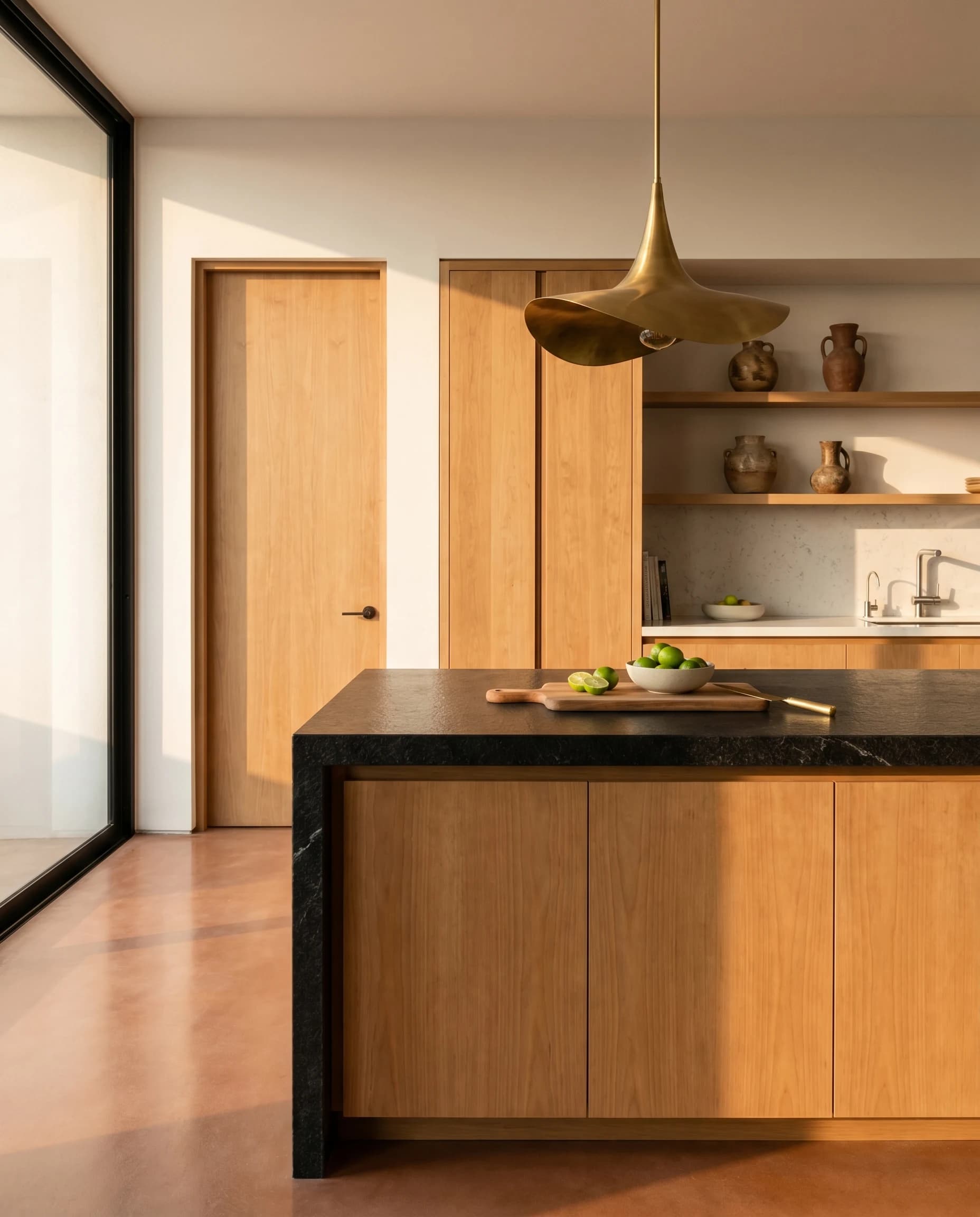 Cocina arquitectónica Lumberjack Signature · Maple sólido, isla con cubierta Rock Tiles negra, luz natural Pacífico