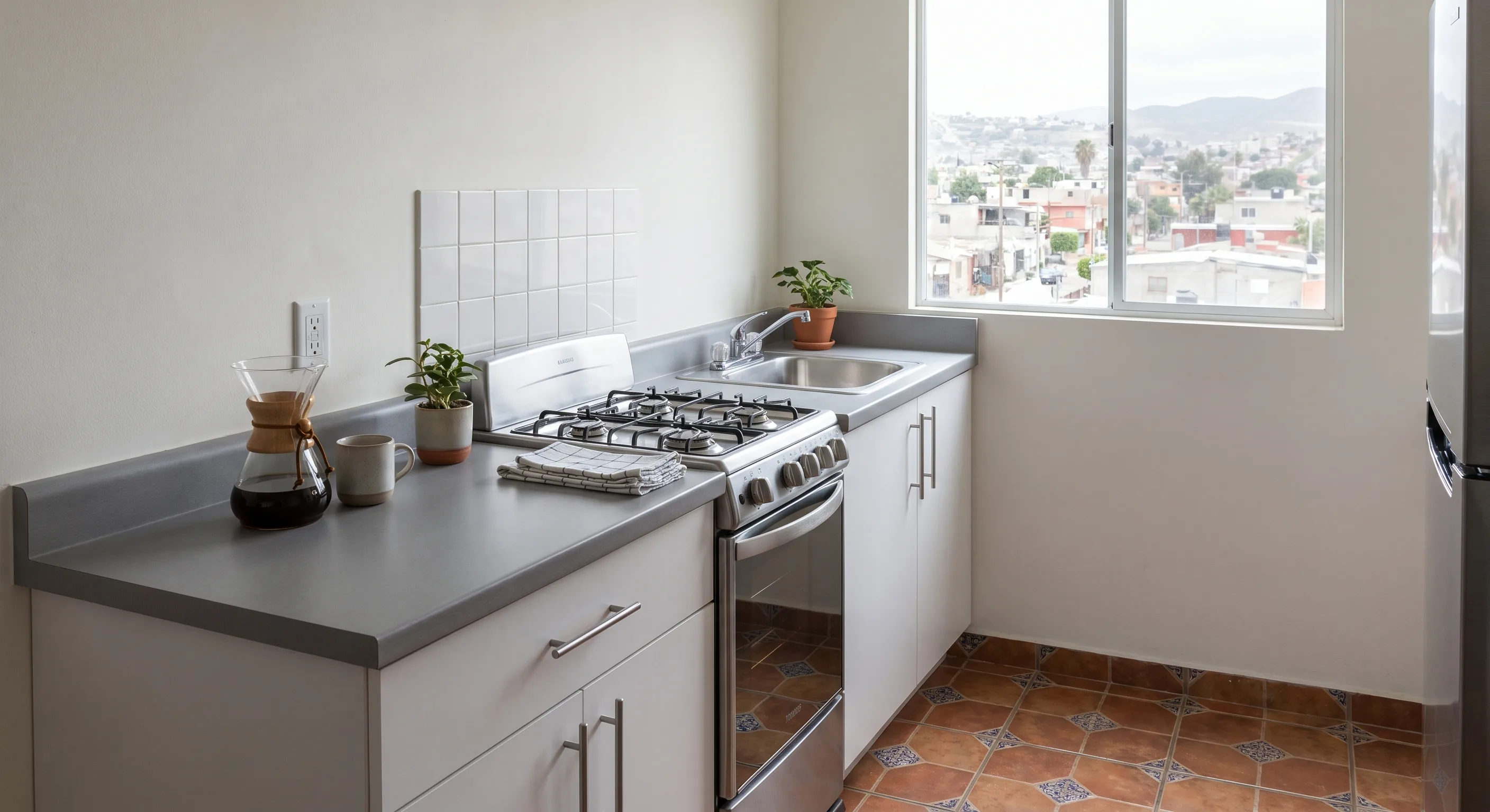 Cocina Base · KRONOS postformada gris + melamina blanca · funcional para departamento Tijuana