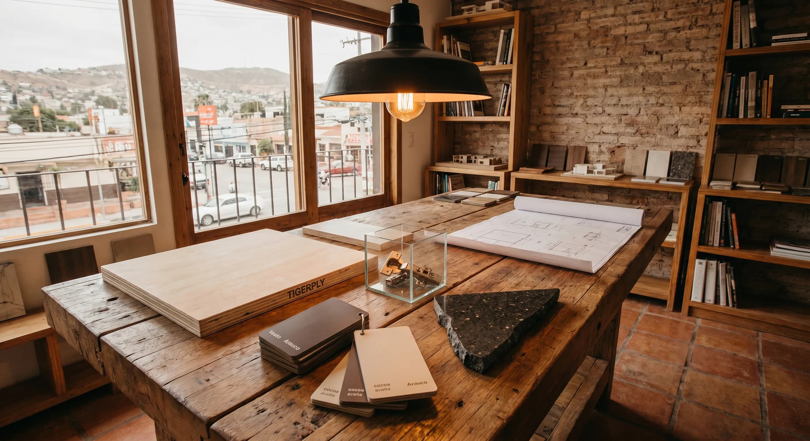 Muestras físicas de placas TIGERPLY birch y otros materiales en el showroom Lumberjack en Tijuana