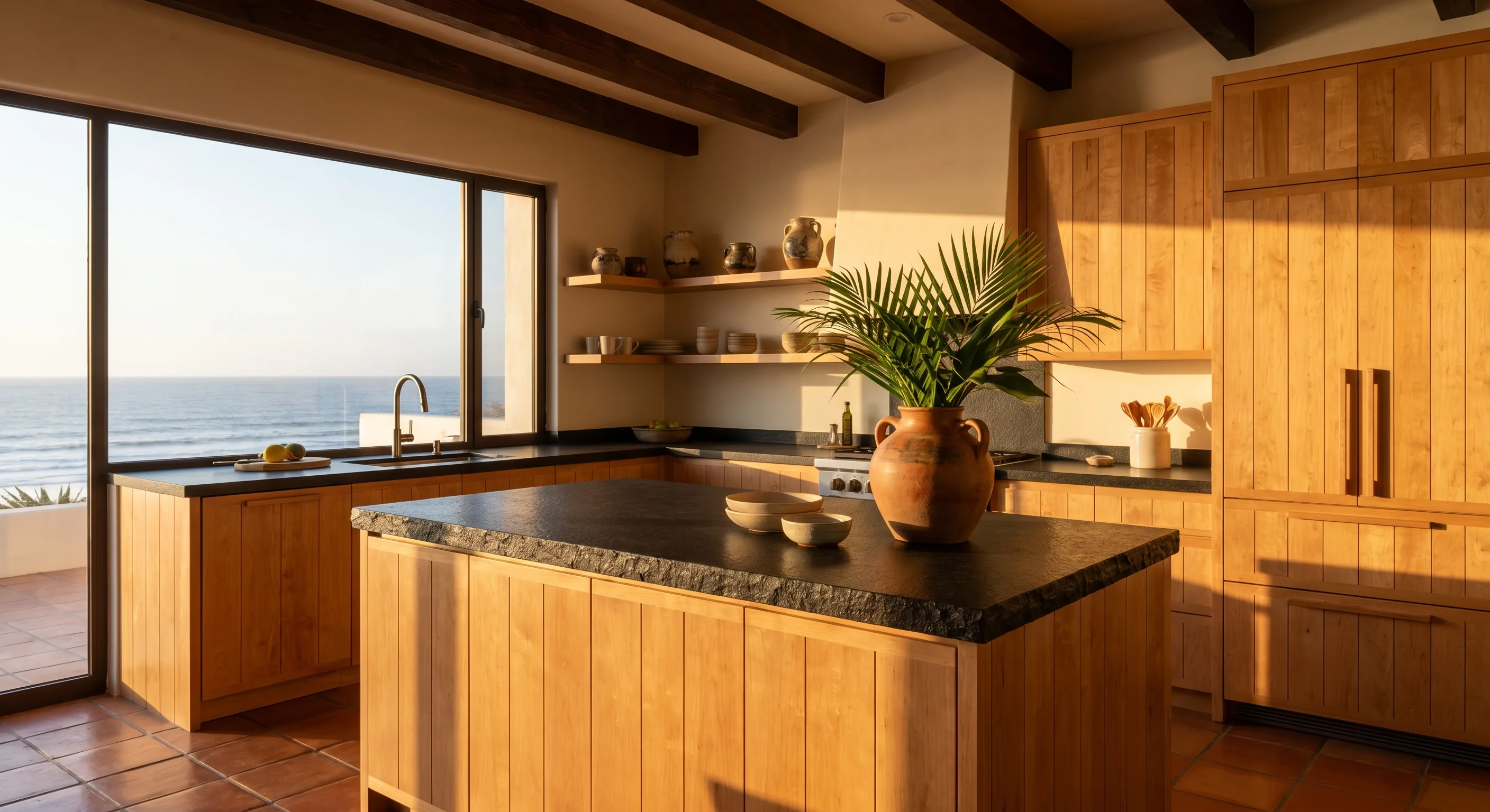 Cocina Signature · Maple sólido + Rock Tiles negra + isla central · luz golden hour Pacífico Rosarito