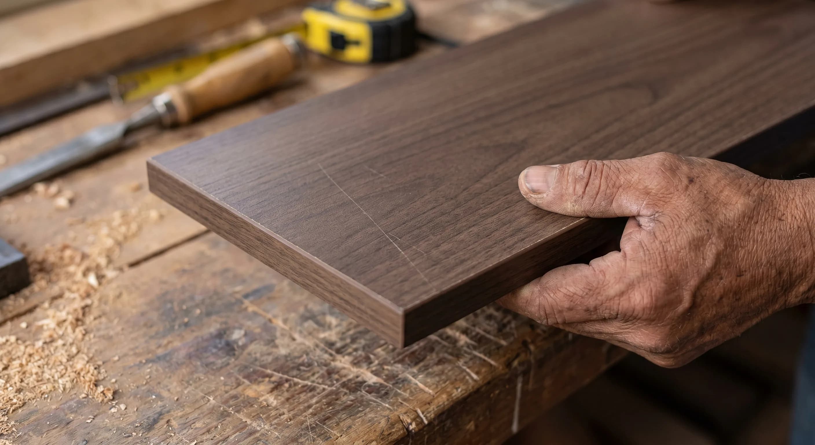 Detalle textura placa Vesto Arauco Cocoa sostenida por carpintero mexicano · grano y acabado mate visibles